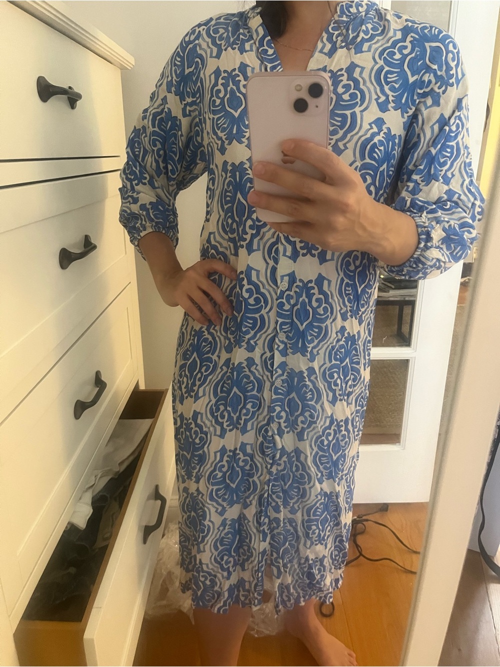 Zara Blue and White Floral-Print Dress
